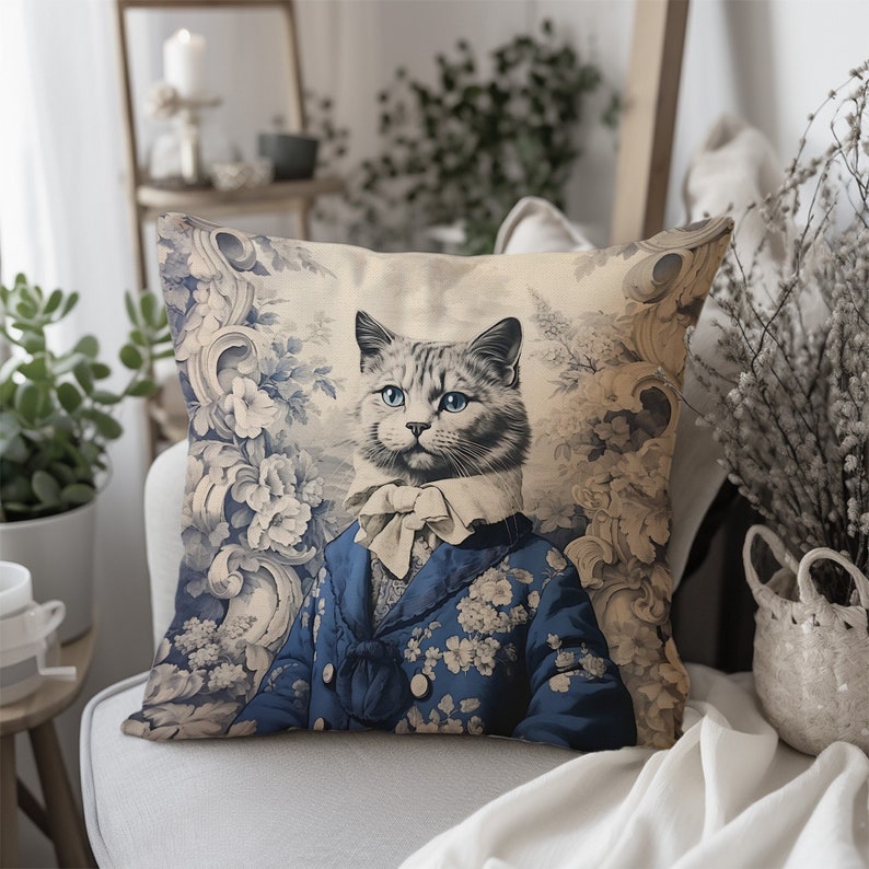 Vintage Cat Decorative Pillow, Toile de Jouy, French Blue Chaton Noble Pillow, Elegant Cat Gentleman Cushion INSERT INCLUDED image 1