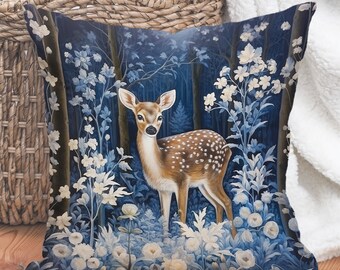 Blue Winter Forest Deer Pillow, Botanical Cottagecore Cushion (Insert Included)