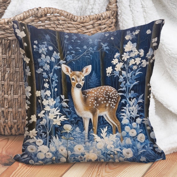 Blue White Deer Pillow Moody Winter Forest Fawn Cushion Vintage Botanical Floral Cottagecore William Morris Accent Pillow INSERT INCLUDED Etsy
