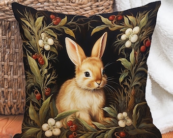 Christmas Bunny Pillow, Botanical Wreath Accent Cushion, Moody Decor