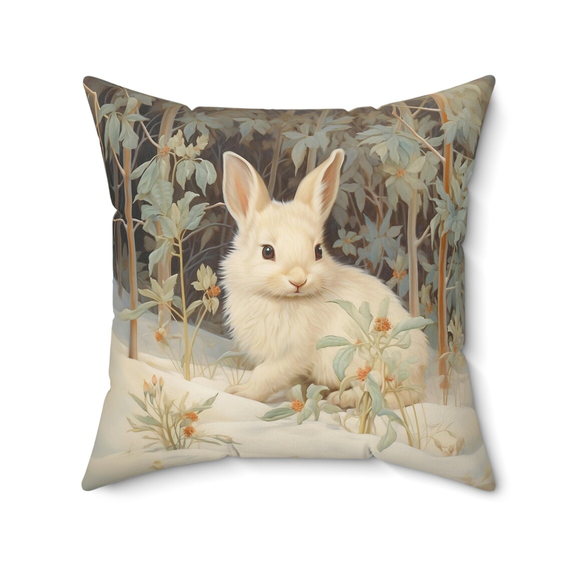 Snow Rabbit Pillow, Winter Woodland Botanical Accent Cushion - Etsy