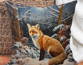 Majestic Winter Fox Pillow, Snowy Forest Cushion, Christmas Gift, Vintage Cottagecore William Morris Accent Pillow, INSERT INCLUDED