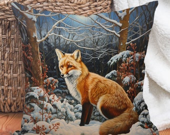 Winter Fox Pillow, Snowy Forest Scene, Cottagecore Accent Pillow