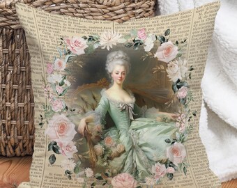 Sage Green Marie Antoinette Accent Pillow, Vintage Rococo Collage Cushion, Pastel Blush Flowers Greenery, Retro Home Decor, INSERT INCLUDED