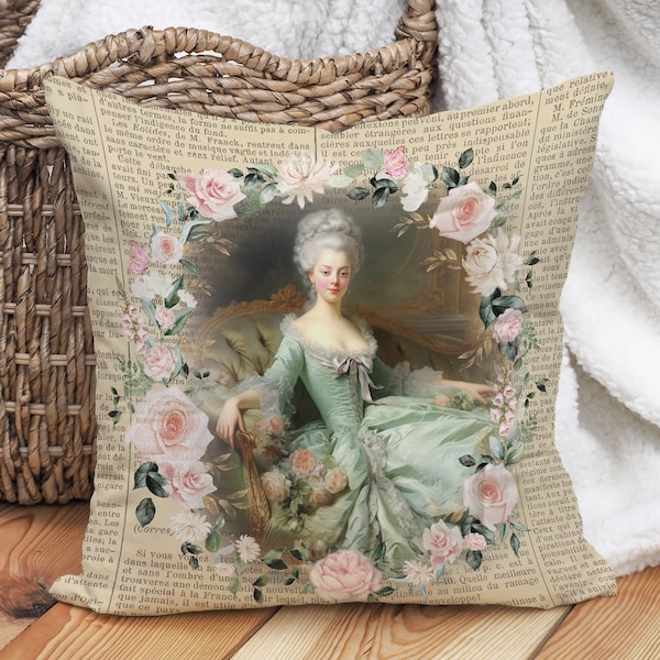 Sage Green Marie Antoinette Accent Pillow, coussin de collage rococo vintage, verdure de fleurs pastel blush, décoration intérieure rétro, INSERT INCLUS