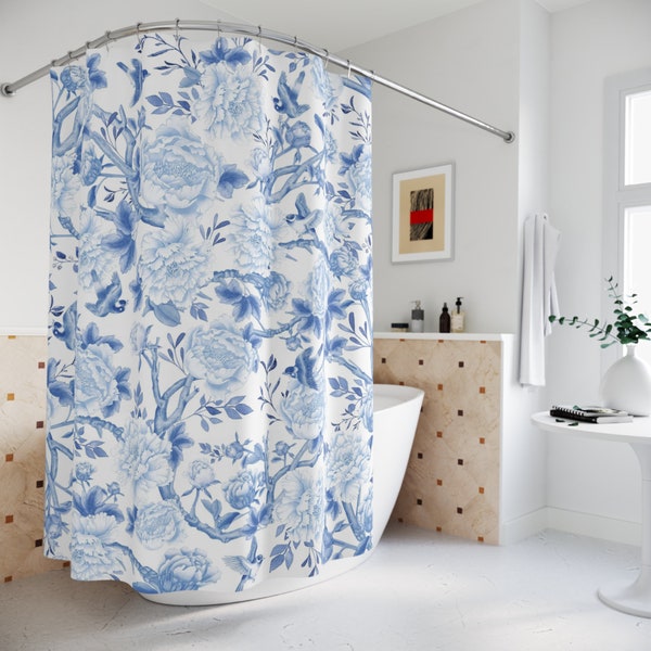 Blue White Chinoiserie Shower Curtain Hampton Blue Porcelain Floral Peony & Birds Pattern Bathroom Decor