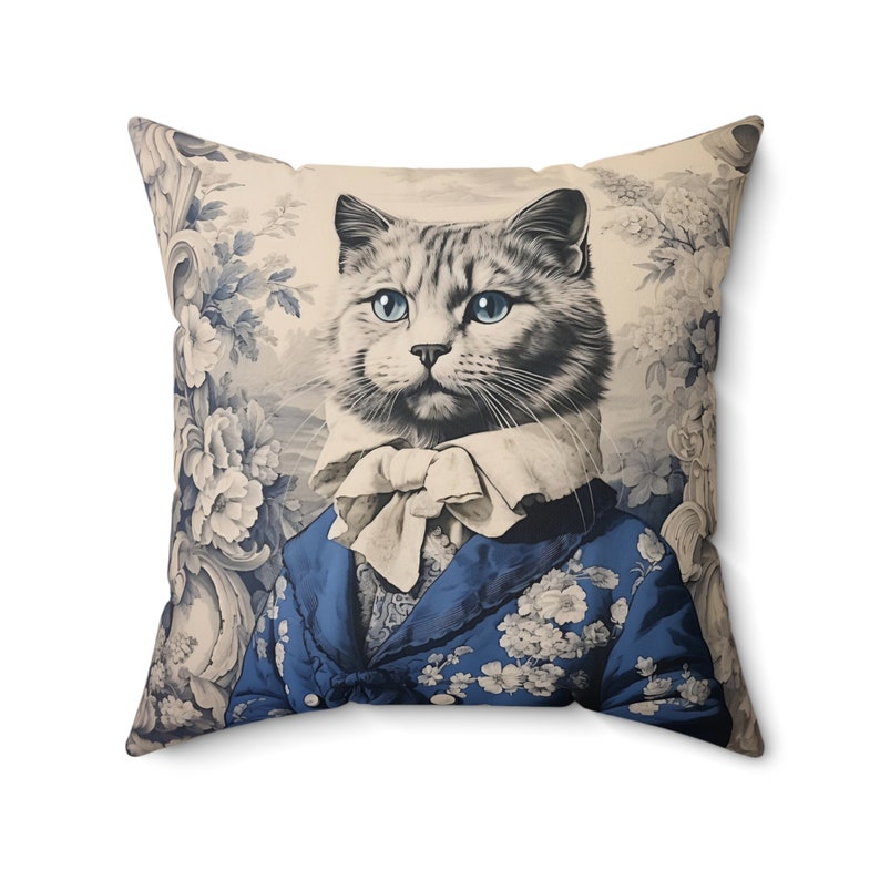 Vintage Cat Decorative Pillow, Toile de Jouy, French Blue Chaton Noble Pillow, Elegant Cat Gentleman Cushion INSERT INCLUDED image 2