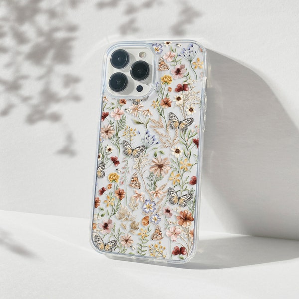 iPhone Clear Case with Butterflies Garden Flowers - Floral Pattern Protective Slim Case iPhone 14 13 12 11 X XR Plus Pro Max Mini Gift WF1