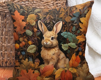 Rustic Rabbit Pillow, William Morris Style, Fall Woodland Cushion