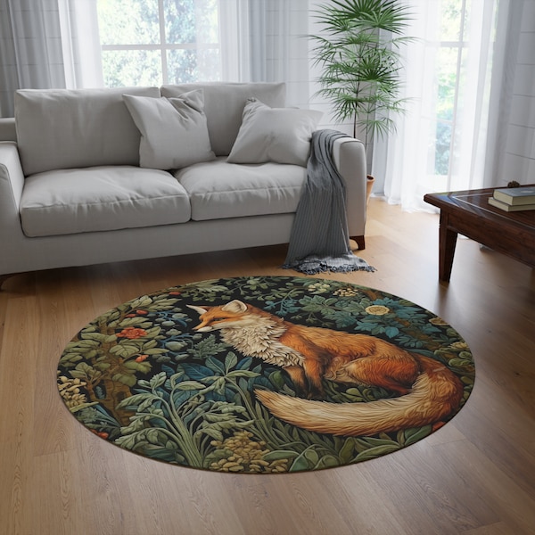 Forest Fox Round Rug, Whimsical Floral Fox Decorative Rug, Vintage Farmhouse Cottagecore Retro Country Woodland Home Decor Gift for Her