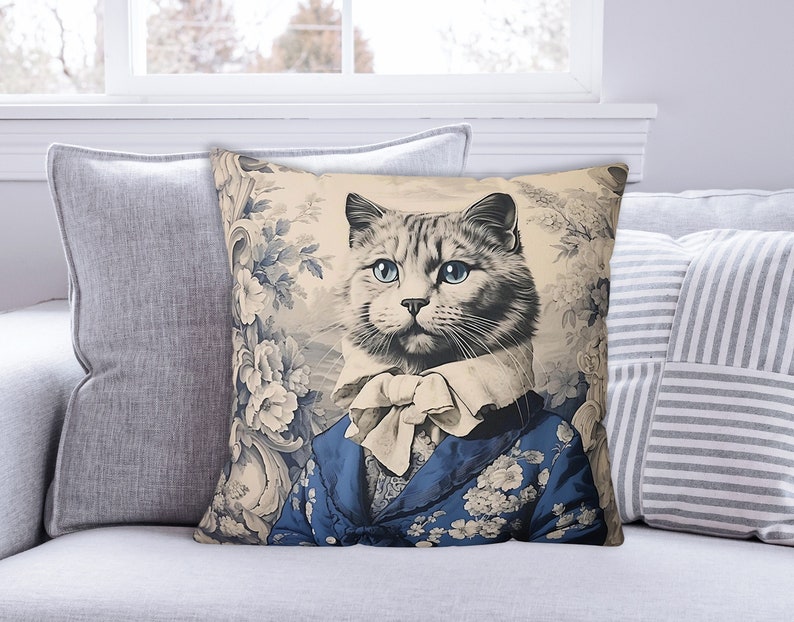 Vintage Cat Decorative Pillow, Toile de Jouy, French Blue Chaton Noble Pillow, Elegant Cat Gentleman Cushion INSERT INCLUDED image 5