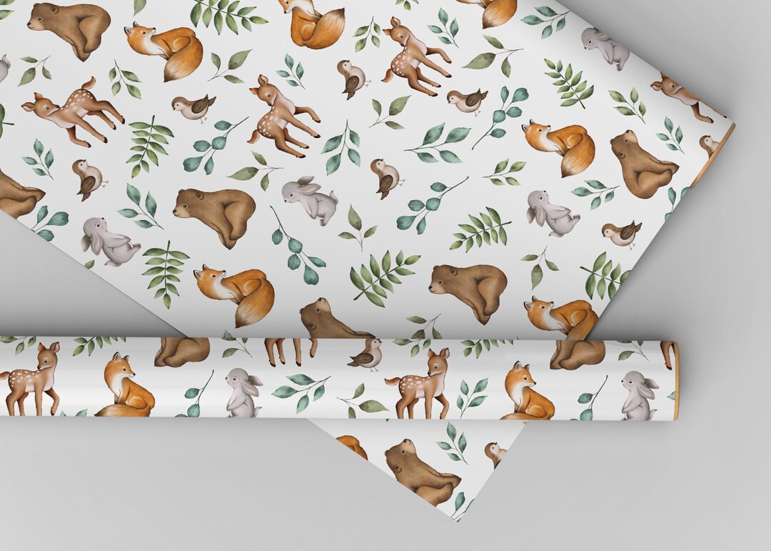 Modern Woodland Animals Wrapping Paper Forest Friends Greenery Birthday