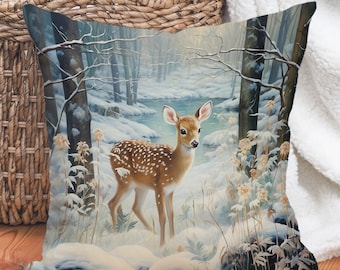 Deer in Snowy Forest Pillow, Winter Woodland Accent Cushion