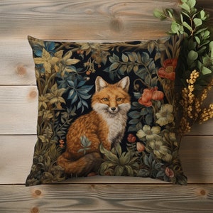Whimsical Fox Pillow William Morris-Inspired Floral Forest Design Cushion Retro Charm Throw Pillow High-Quality Home Decor INSERT INCLUDED