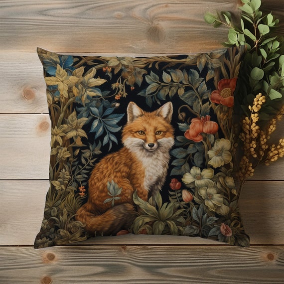 Whimsical Fox Pillow William Morris-inspired Floral Forest Design Cushion  Retro Charm Throw Pillow High-quality Home Decor INSERT INCLUDED 