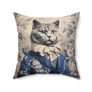 Vintage Cat Decorative Pillow, Toile de Jouy, French Blue Chaton Noble Pillow, Elegant Cat Gentleman Cushion INSERT INCLUDED image 3