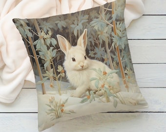 Snow Rabbit Pillow, Winter Woodland Botanical Accent Cushion