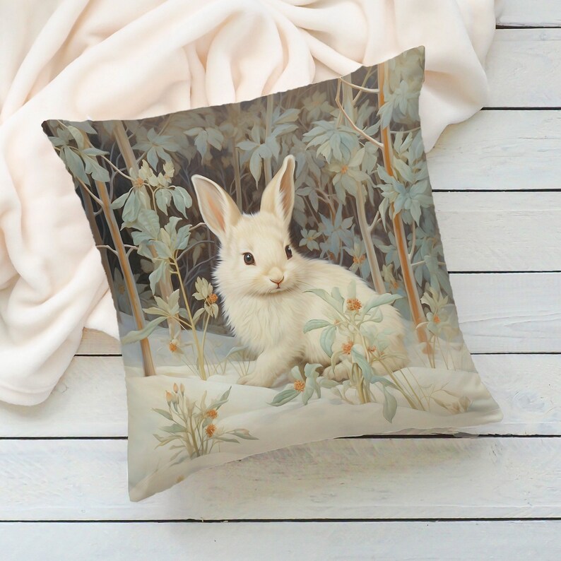 Snow Rabbit Pillow, Winter Woodland Botanical Accent Cushion - Etsy