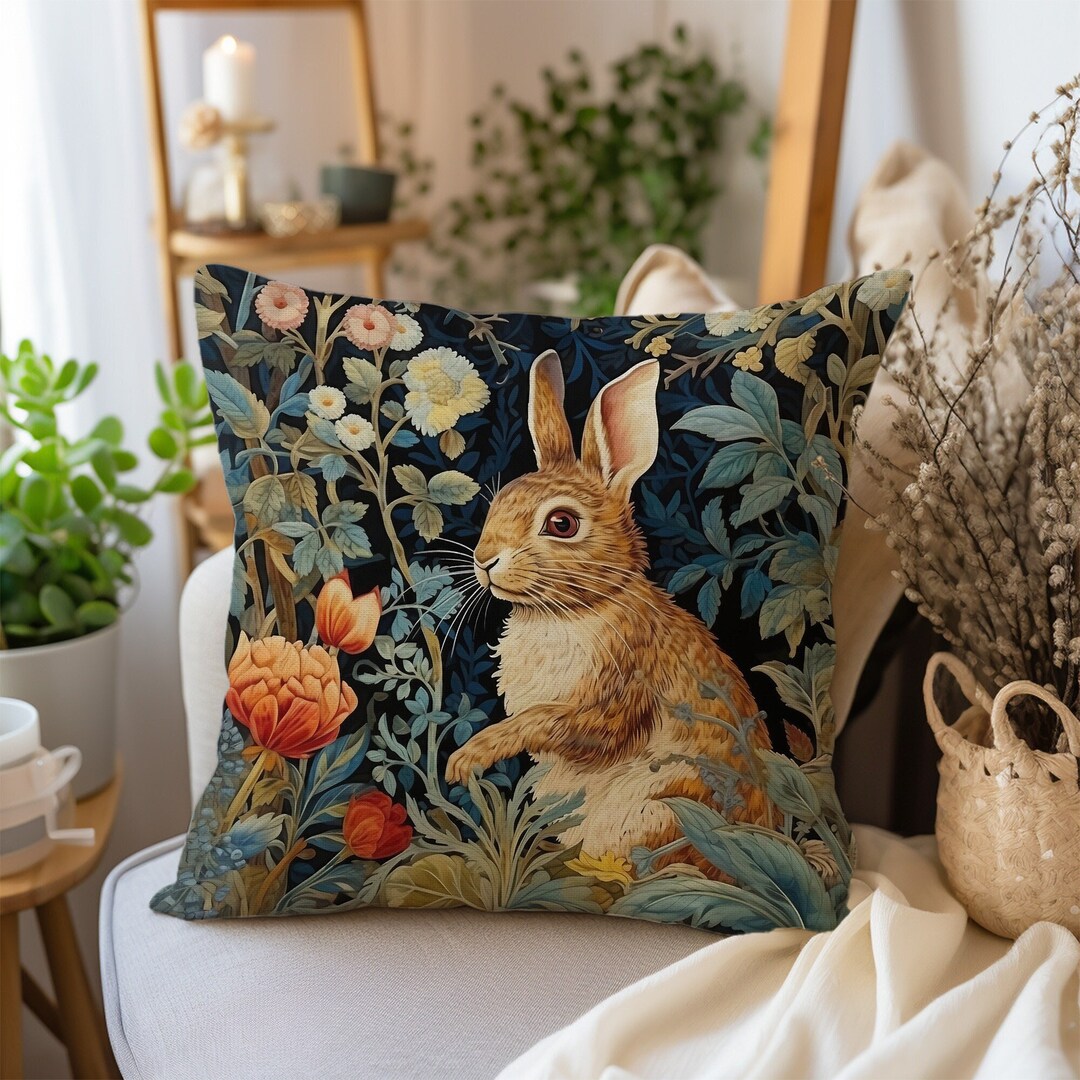 Vintage Rabbit Pillow William Morris Inspired Cushion Forest Bunny ...