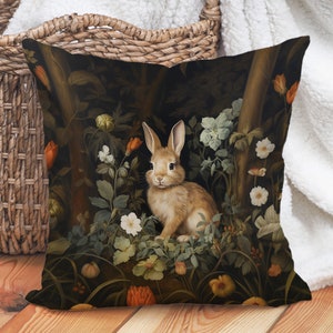 Botanical Rabbit Pillow, Moody Forest Bunny Cushion, Vintage Woodland Flowers Accent Pillow, Thanksgiving Decor, INSERT INCLUDED