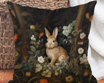 Botanical Rabbit Pillow, Moody Forest Woodland Flowers Cushion