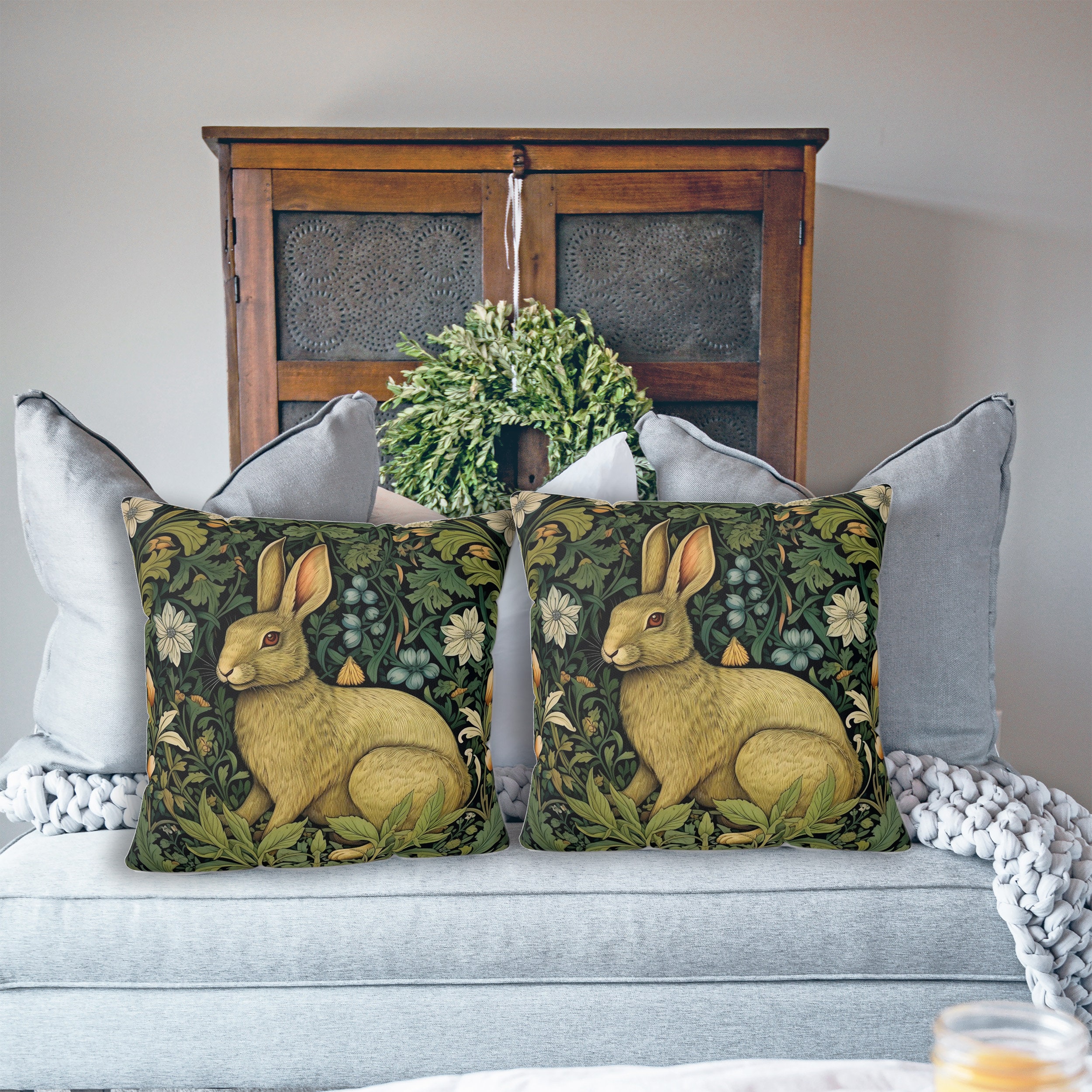 William Morris Inspired Rabbit Pillow, Art Nouveau Floral Cushion ...