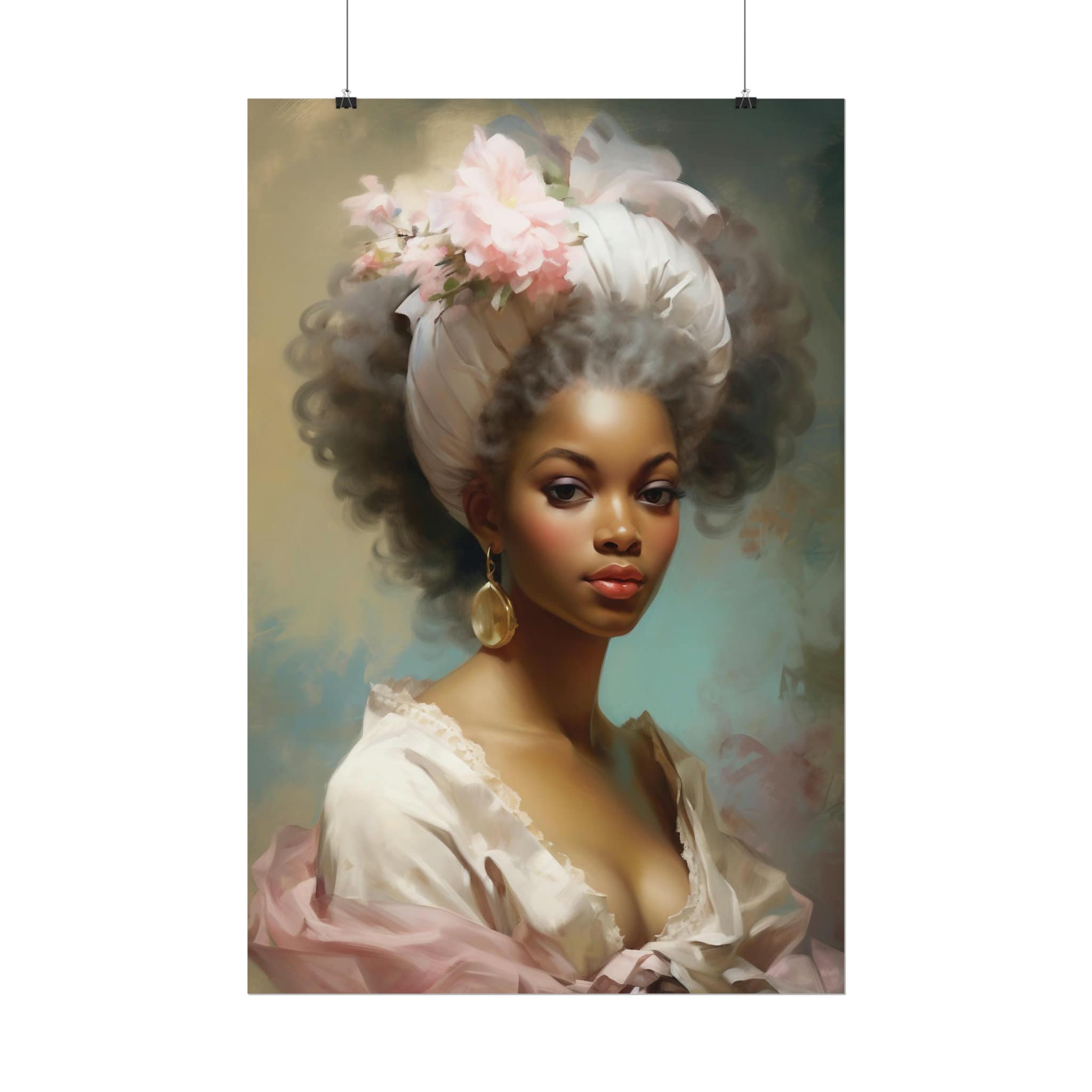 Rococo African Beauty Art Print, Pink Floral Baroque Oil Painting - Etsy