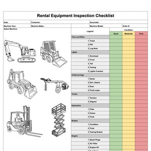 Equipment Rental Pre-Inspection Checklist for Construction, Landscaping, Dealerships & Service Departments
