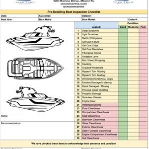 Formularz listy kontrolnej przed inspekcją łodzi Wakeboat do szczegółowego przeglądu, działów serwisowych, wypożyczalni łodzi, marin, łodzi do jazdy na nartach wodnych, łodzi do wakesurfingu