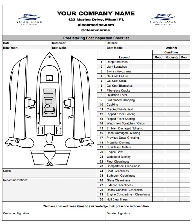 Pre-inspection Boat Detailing Checklist Form for Detailing, Service ...