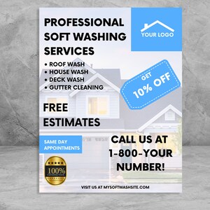 Soft Washing Flyer Customizable Digital Download Canva Template for Roof Wash, House Wash, Pressure Washing, Gutter Cleaning