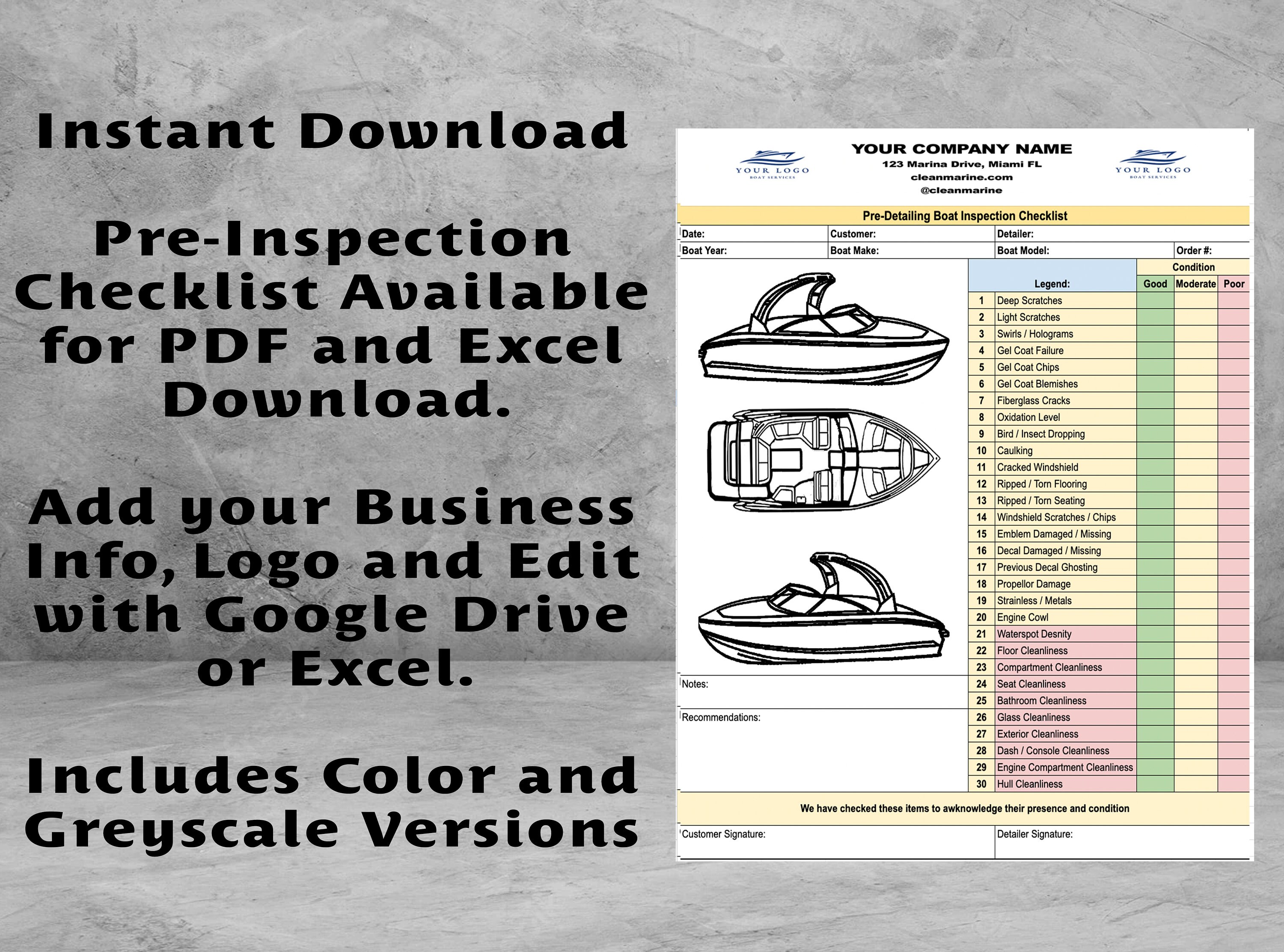 Bow Rider Pre-inspection Boat Checklist Form for Detailing, Service ...