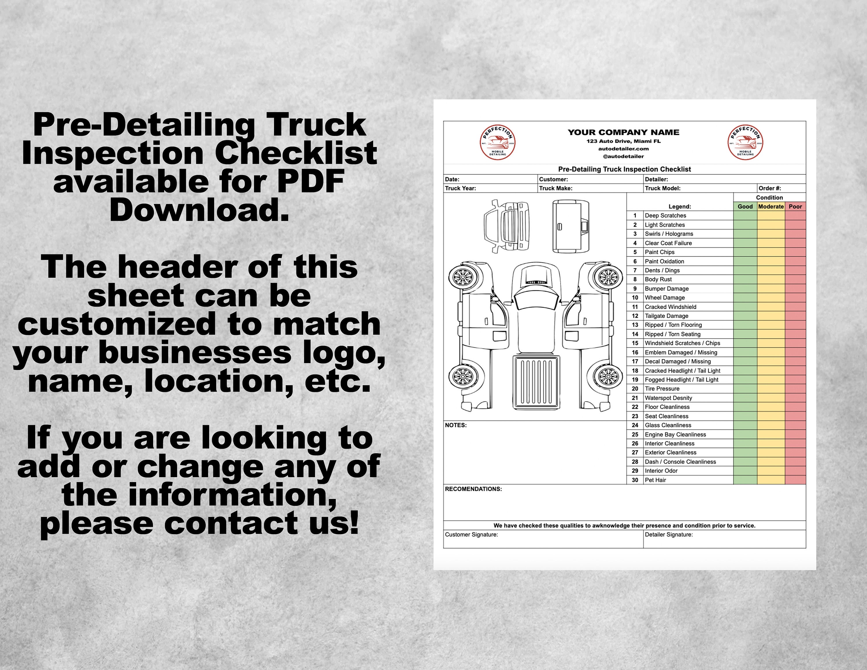 Predetailing Truck Inspection Checklist for Auto Detailers