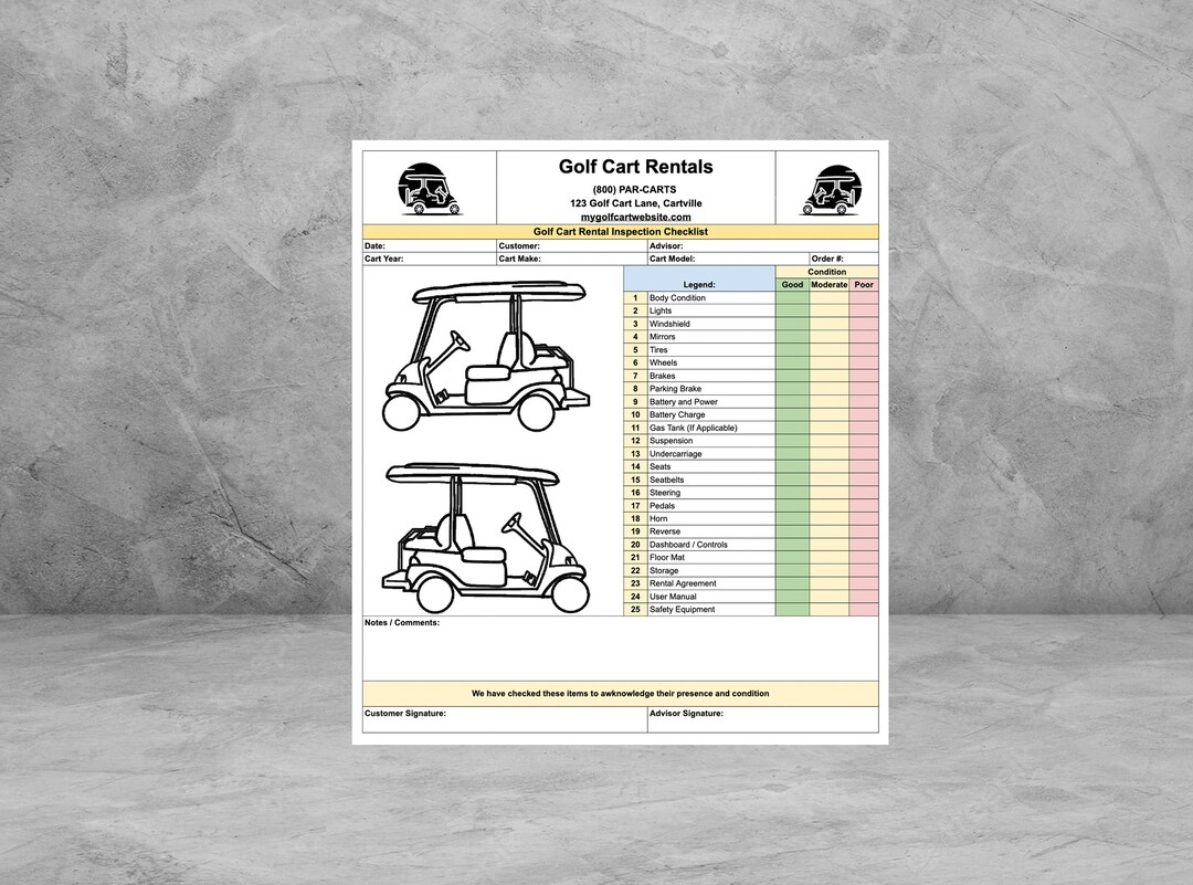 Golf Cart Rental Inspection Checklist for Golf Courses Etsy