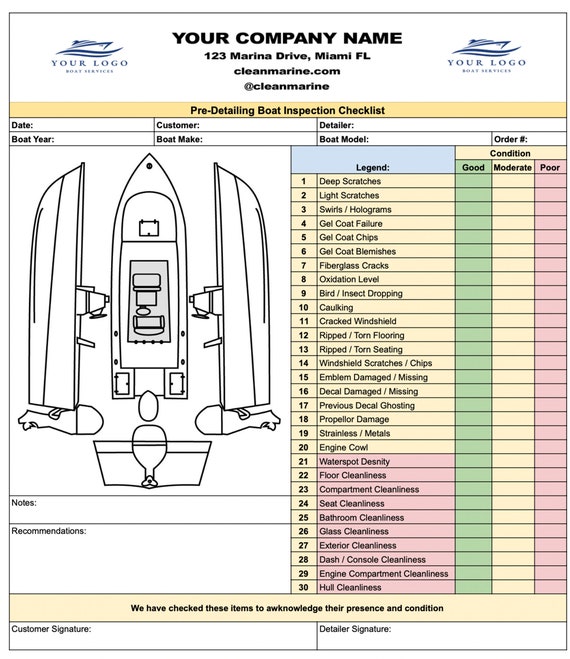 Pre-inspection Boat Detailing Checklist Form for Detailing, Service  Departments, Boat Rentals, Marinas 