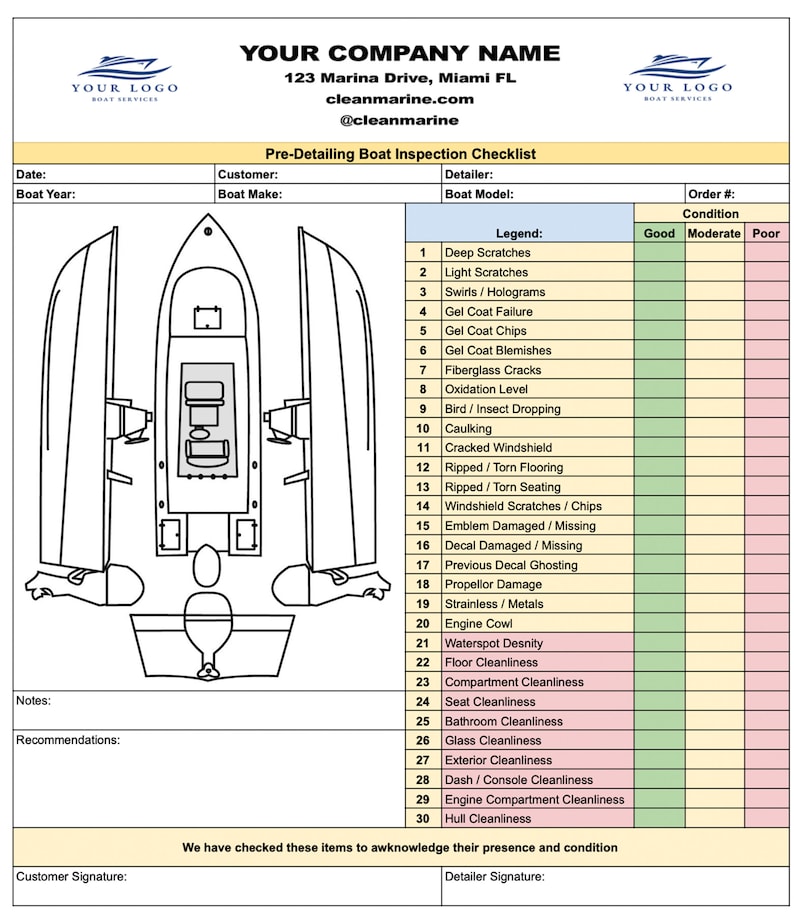 Preinspection Boat Detailing Checklist Form for Detailing, Service
