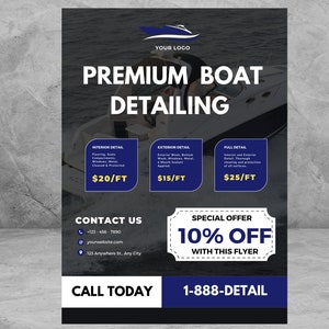 Flyer voor bootdetaillering | 5X7 digitaal en afdrukbaar | Online bewerken | Doe het zelf | Canva-sjabloon | Digitale flyer-sjabloon voor bootdetailers