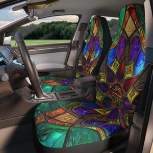 Vibrant Stained Glass Vehicle Seat Covers, Colorful Custom Interiors, Auto Accessories, Gift for Car Lovers, Seat Slips