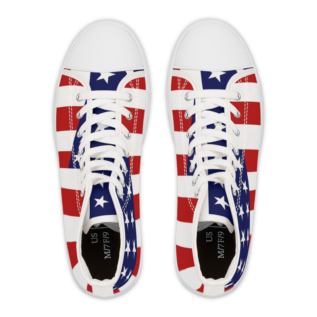 Women's Red White Blue High Top Sneakers Footwear 4th of July American Flag Patriotic Athletic Gym Runners Tennis Shoes