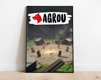 May include: A video game poster for Agrou, featuring a red wolf logo and a group of characters gathered around a campfire in a forest setting.
