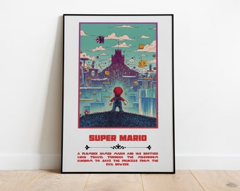 Puede incluir: Un póster de estilo retro con una ilustración pixelada de Super Mario de pie en una colina verde, mirando hacia un gran castillo en la distancia. El póster tiene un fondo blanco con texto rojo que dice "SUPER MARIO" y una descripción del juego.