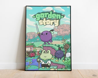 May include: A poster for the video game "Garden Story" featuring a purple character with a sword, a green frog character with a sword, and a purple character with a staff. The characters are standing on a green hill with a blue sky and white clouds in the background.
