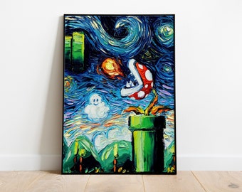 Puede incluir: Una pintura al estilo de Vincent van Gogh que representa una Planta Piraña de la serie de videojuegos Super Mario Bros. La planta es verde y roja con manchas blancas y emerge de una tubería verde. Un fantasma blanco flota en el fondo. La pintura está ambientada en un cielo nocturno estrellado azul y amarillo.