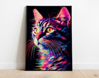 May include: A colorful, abstract portrait of a cat with bright yellow eyes. The cat's fur is rendered in a vibrant mix of pink, blue, and green hues against a dark background.
