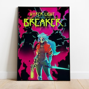 May include: A poster for the video game Hyper Light Breaker. The poster features a female character with a blue and green mask, wearing a red jacket and holding a sword. The background is a pink and purple gradient with black silhouettes of other characters.
