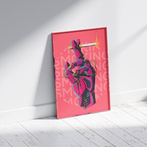 May include: A framed illustration of a robotic hand holding a lit cigarette. The background is a bright pink with the word "SMOKING" repeated in a pattern.