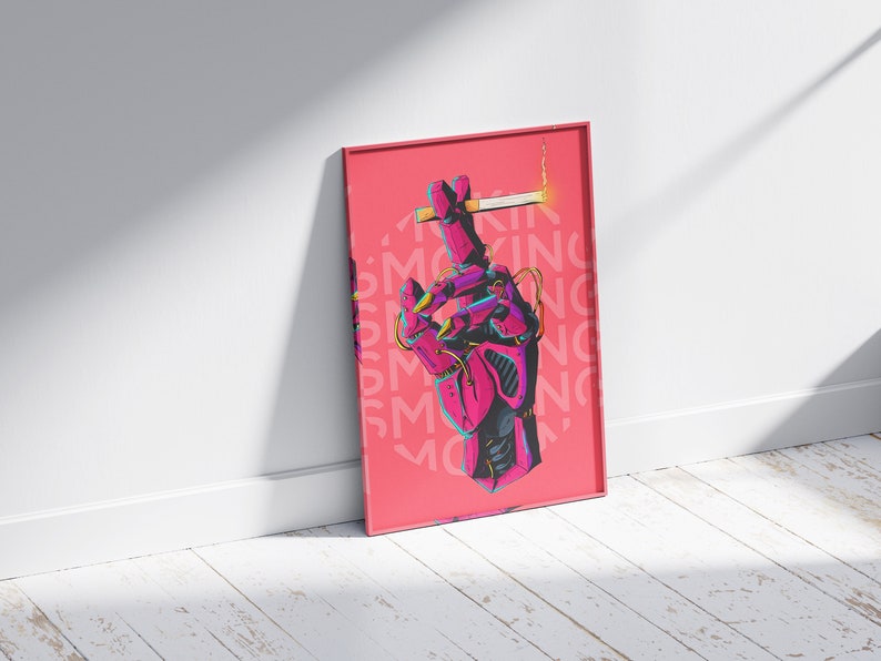 May include: A framed illustration of a robotic hand holding a lit cigarette. The background is a bright pink with the word "SMOKING" repeated in a pattern.