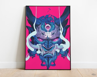 Könnte beinhalten: Eine digitale Illustration einer blauen und violetten Oni-Maske mit einem dritten Auge und dem japanischen Wort "鬼" (oni) auf der Stirn. Die Maske ist vor einem leuchtend rosa Hintergrund platziert.