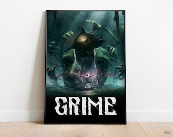 Puede incluir: Una impresión artística enmarcada que presenta una escena de fantasía oscura. Una figura se encuentra frente a una entidad monstruosa con múltiples brazos y caras, con la palabra "GRIME" en texto blanco estilizado en la parte inferior. La obra tiene una paleta de colores oscura y ominosa.