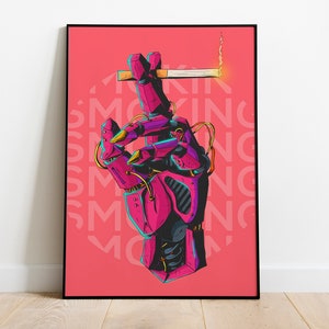 May include: A pink robotic hand holding a lit cigarette with the word "SMOKING" repeated in a circular pattern on a pink background.